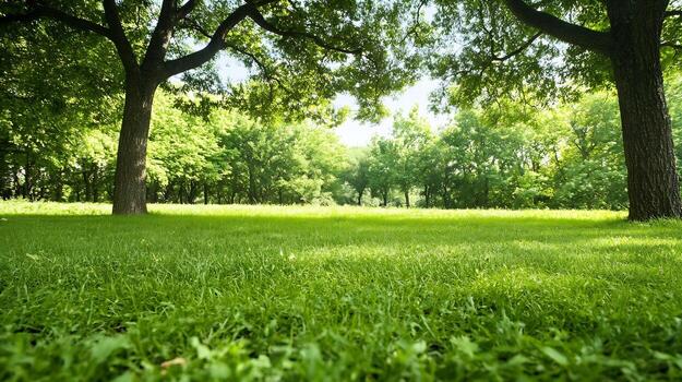 Peaceful outdoor landscape with stylised trees, an open field and two figures enjoying a gentle walk in soft green and blue tones